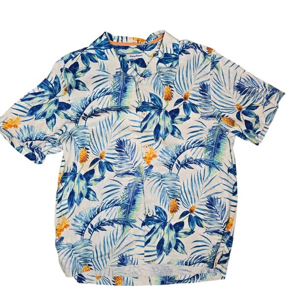 Tommy Bahama Mens Tropical Floral Short-Sleeve Silk Shirt L/G Blue & Orange